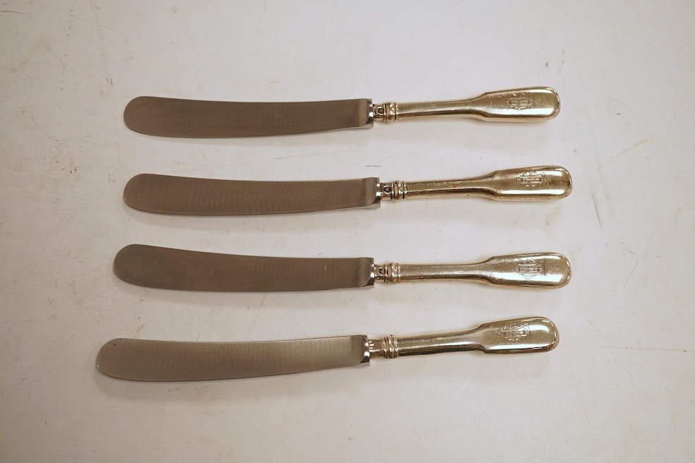 A set of nine Austro-Hungarian white metal handled table knives, 26cm. and nine matching dessert knives, all with engraved monogram and re-bladed.